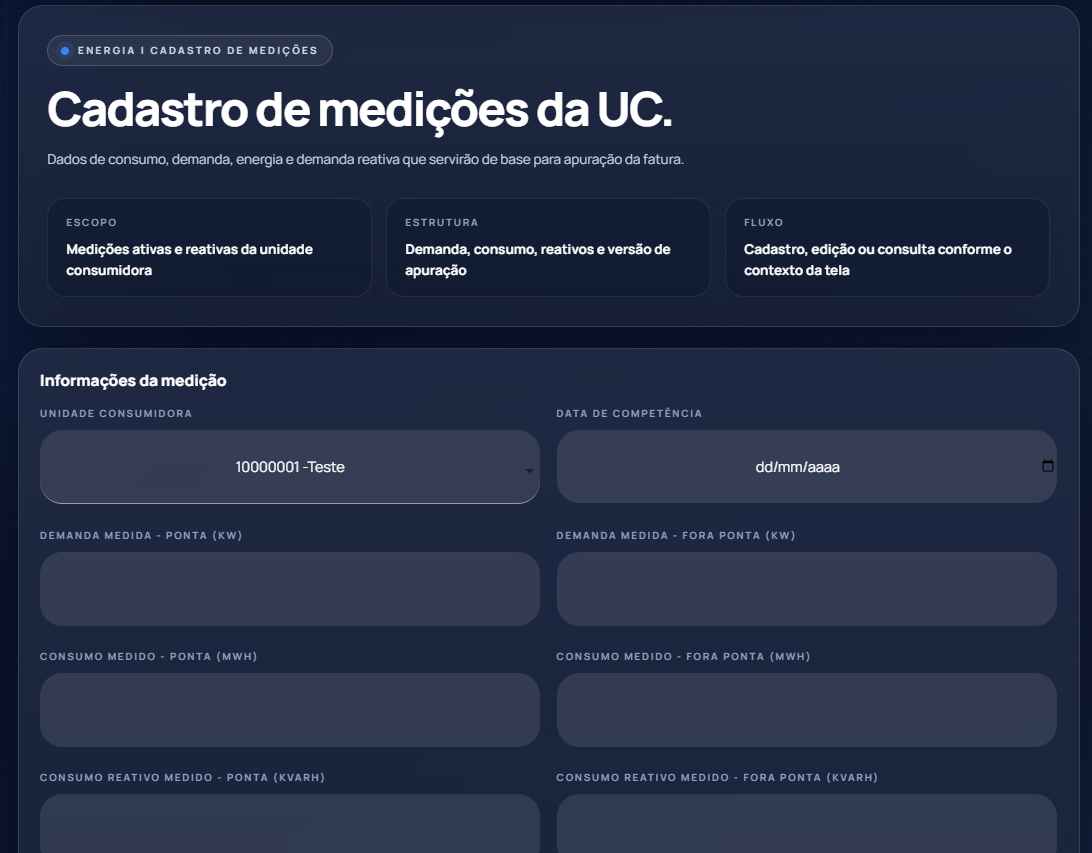 Cadastro de dados de leitura da UC